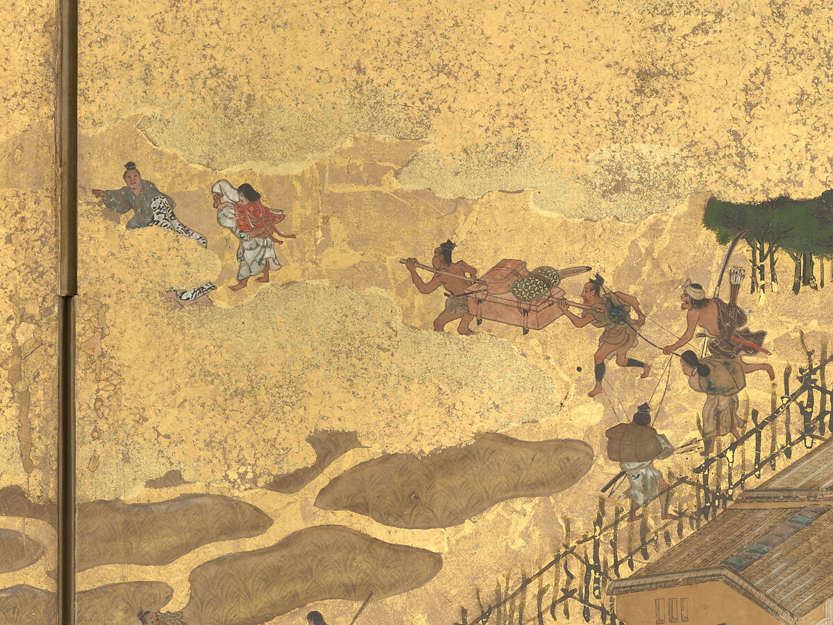 The Rebellions of the Hōgen and Heiji Eras, Pair of six-panel folding screens; ink, color, gold, and gold leaf on paper, Japan