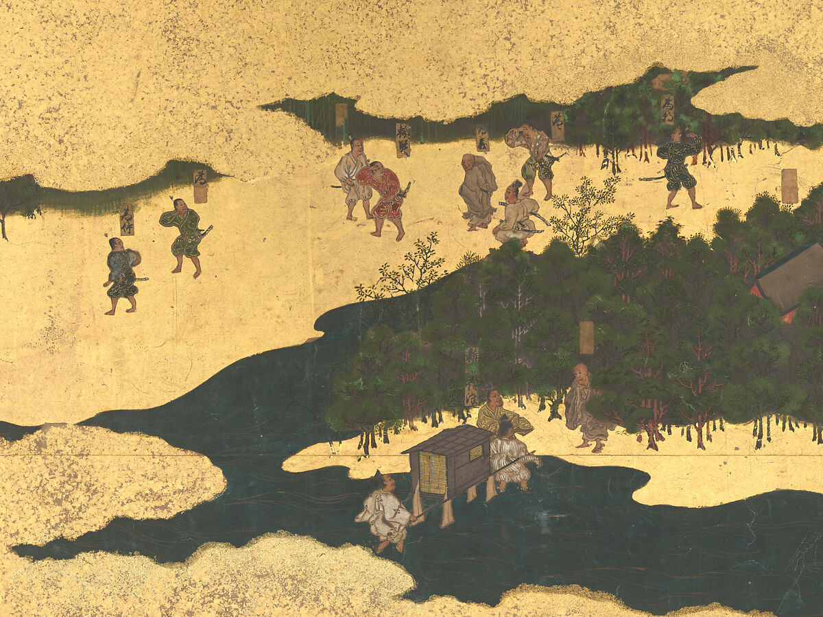 The Rebellions of the Hōgen and Heiji Eras, Pair of six-panel folding screens; ink, color, gold, and gold leaf on paper, Japan