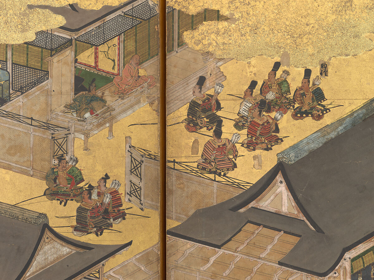 The Rebellions of the Hōgen and Heiji Eras, Pair of six-panel folding screens; ink, color, gold, and gold leaf on paper, Japan