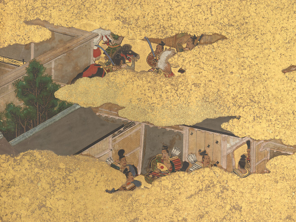 The Rebellions of the Hōgen and Heiji Eras, Pair of six-panel folding screens; ink, color, gold, and gold leaf on paper, Japan