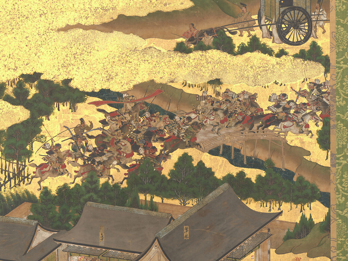 The Rebellions of the Hōgen and Heiji Eras, Pair of six-panel folding screens; ink, color, gold, and gold leaf on paper, Japan