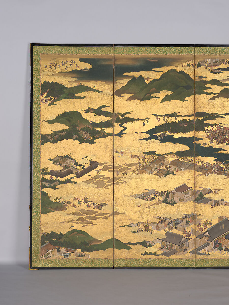 The Rebellions of the Hōgen and Heiji Eras, Pair of six-panel folding screens; ink, color, gold, and gold leaf on paper, Japan