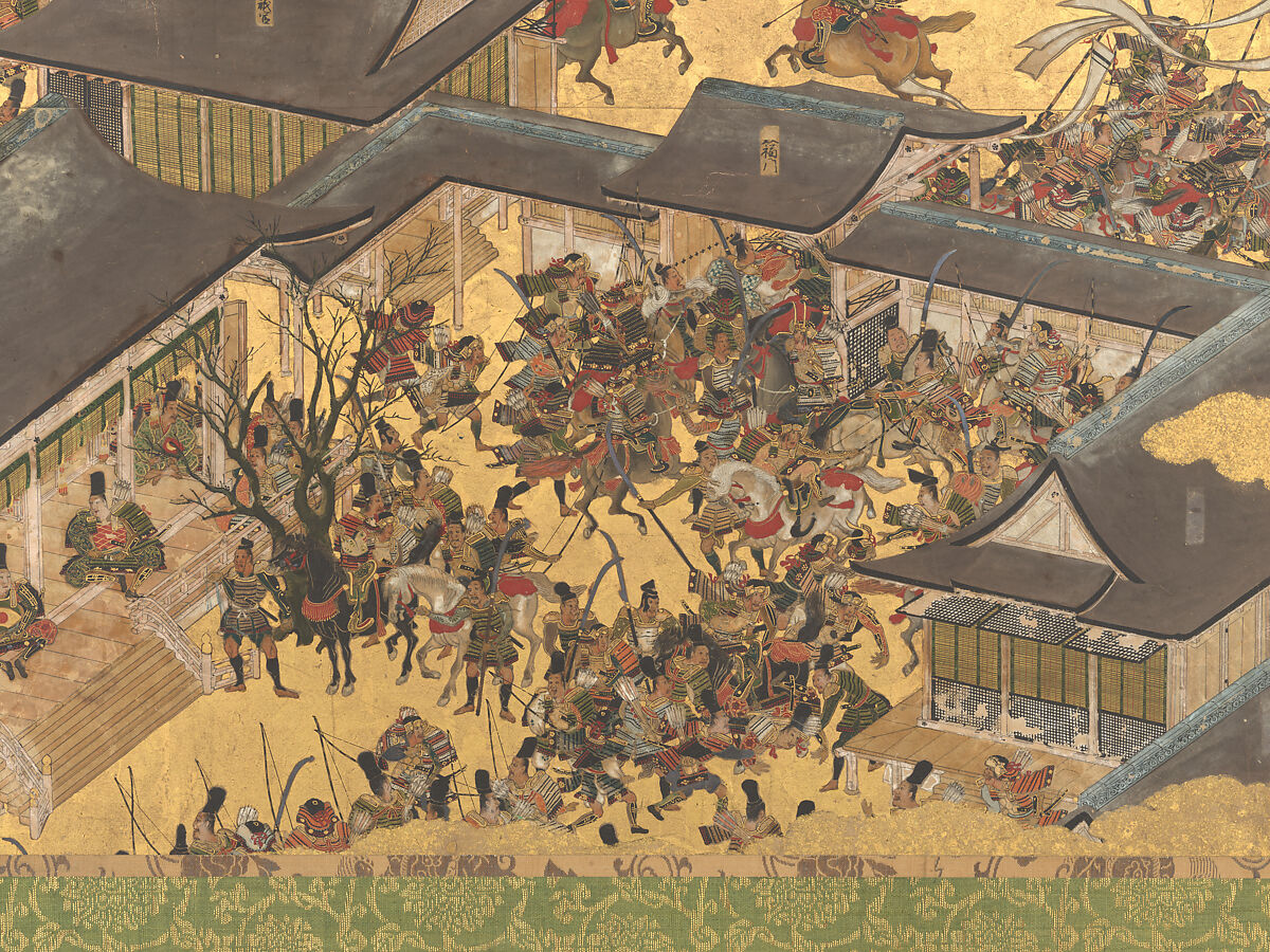 The Rebellions of the Hōgen and Heiji Eras, Pair of six-panel folding screens; ink, color, gold, and gold leaf on paper, Japan
