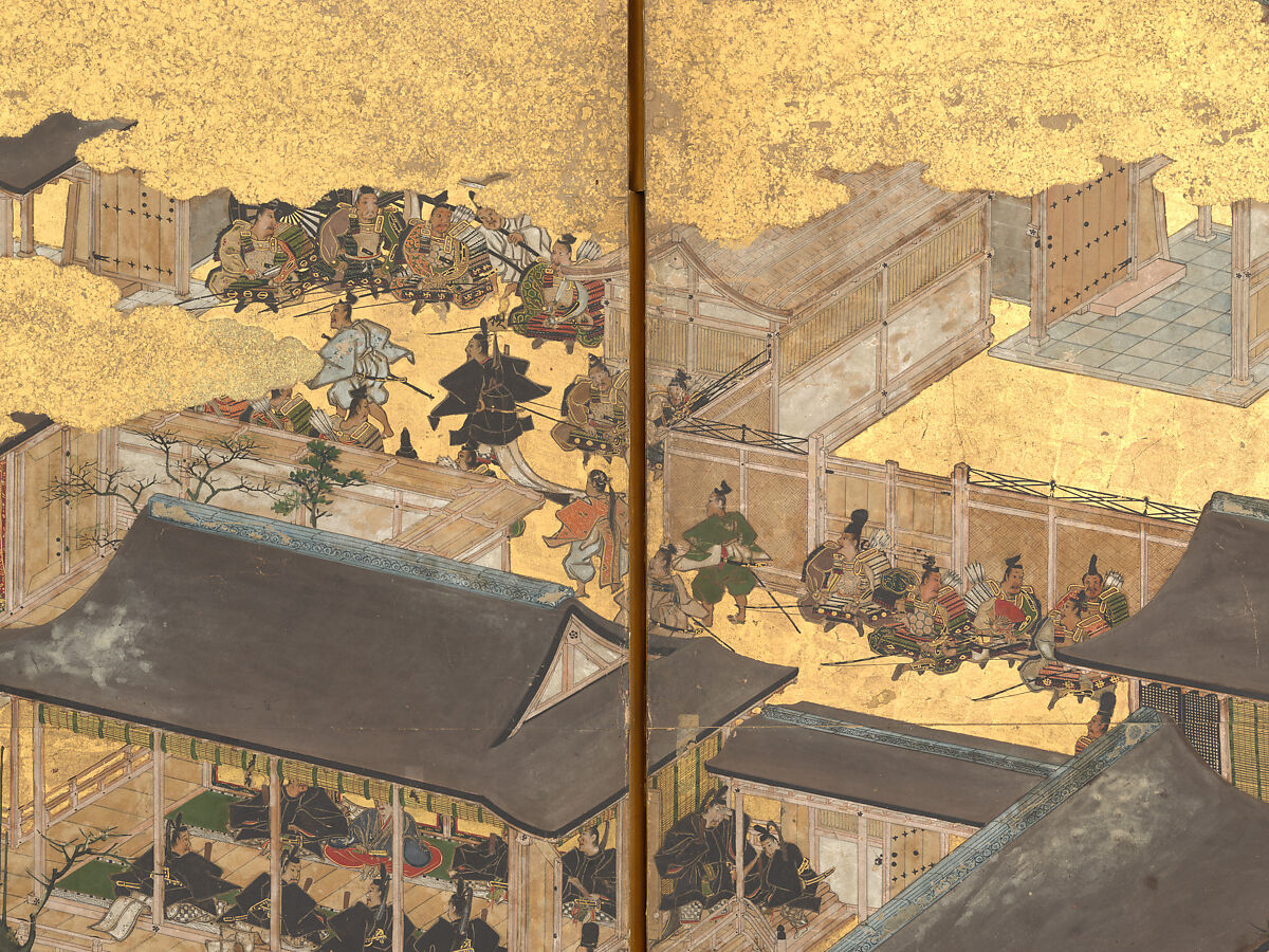 The Rebellions of the Hōgen and Heiji Eras, Pair of six-panel folding screens; ink, color, gold, and gold leaf on paper, Japan