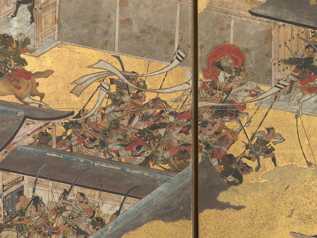 The Rebellions of the Hōgen and Heiji Eras, Pair of six-panel folding screens; ink, color, gold, and gold leaf on paper, Japan