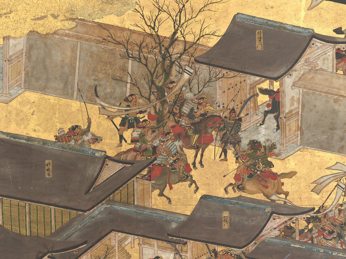 The Rebellions of the Hōgen and Heiji Eras, Pair of six-panel folding screens; ink, color, gold, and gold leaf on paper, Japan