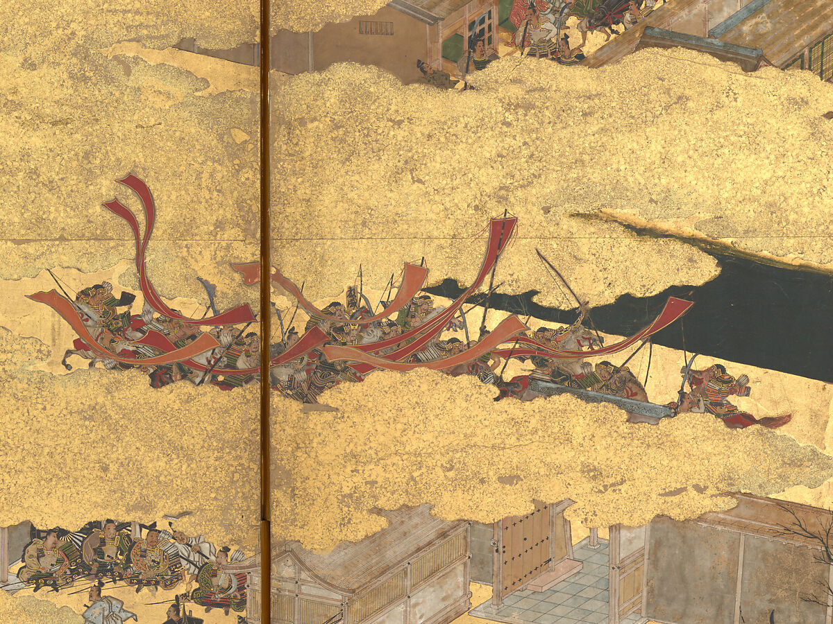 The Rebellions of the Hōgen and Heiji Eras, Pair of six-panel folding screens; ink, color, gold, and gold leaf on paper, Japan