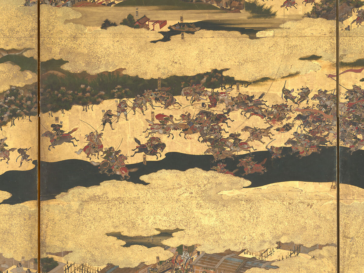 The Rebellions of the Hōgen and Heiji Eras, Pair of six-panel folding screens; ink, color, gold, and gold leaf on paper, Japan