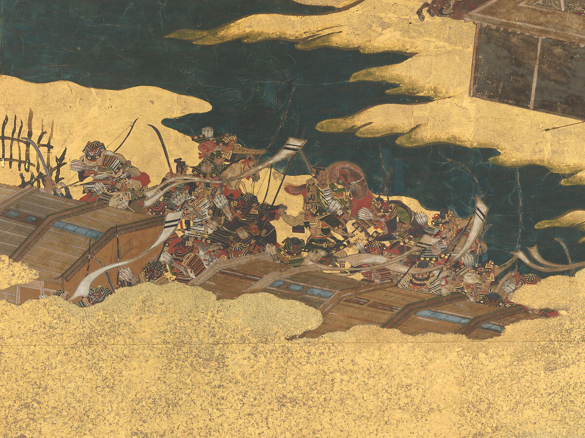 The Rebellions of the Hōgen and Heiji Eras, Pair of six-panel folding screens; ink, color, gold, and gold leaf on paper, Japan