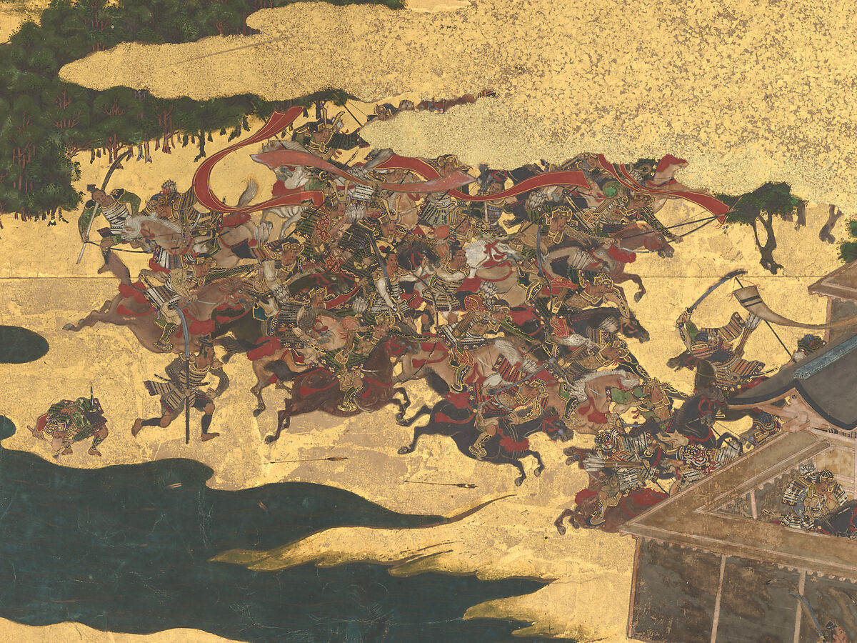 The Rebellions of the Hōgen and Heiji Eras, Pair of six-panel folding screens; ink, color, gold, and gold leaf on paper, Japan