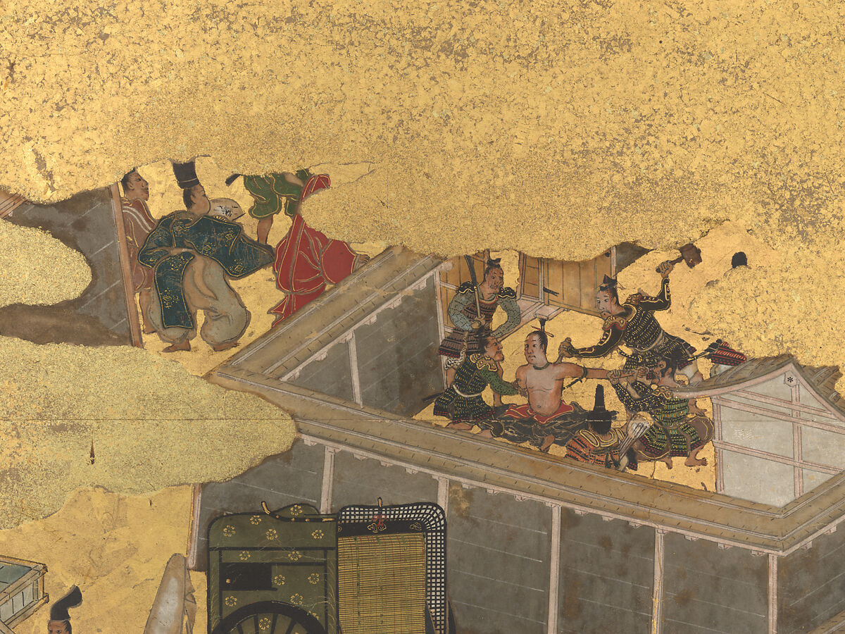 The Rebellions of the Hōgen and Heiji Eras, Pair of six-panel folding screens; ink, color, gold, and gold leaf on paper, Japan