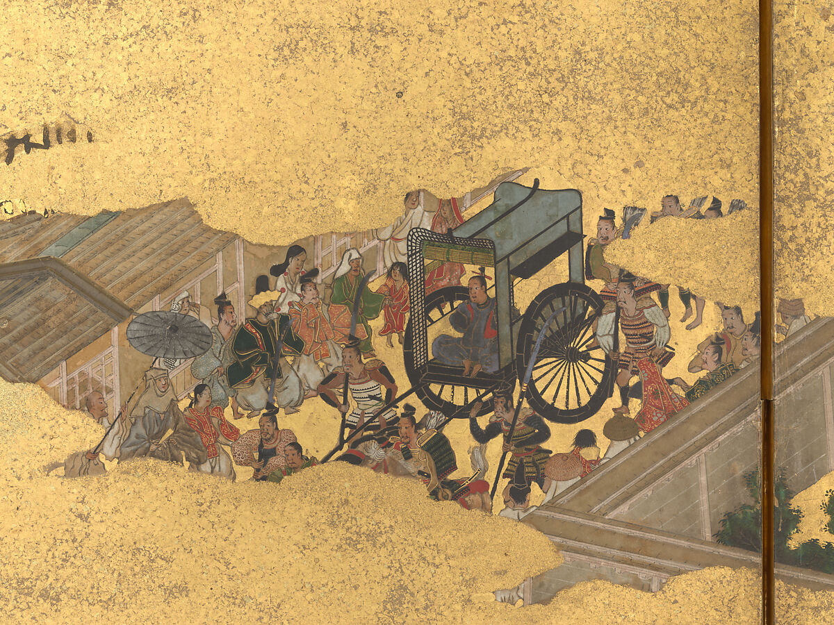 The Rebellions of the Hōgen and Heiji Eras, Pair of six-panel folding screens; ink, color, gold, and gold leaf on paper, Japan