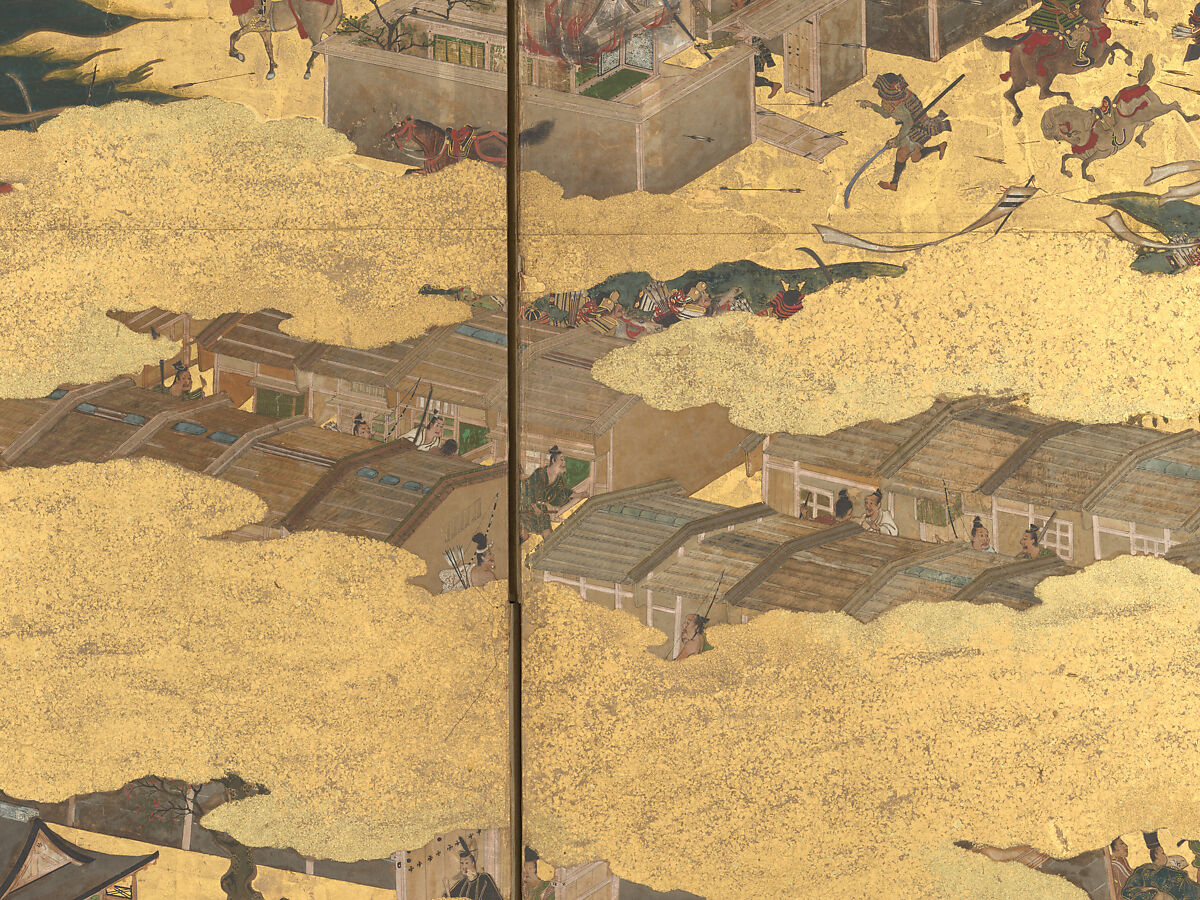 The Rebellions of the Hōgen and Heiji Eras, Pair of six-panel folding screens; ink, color, gold, and gold leaf on paper, Japan