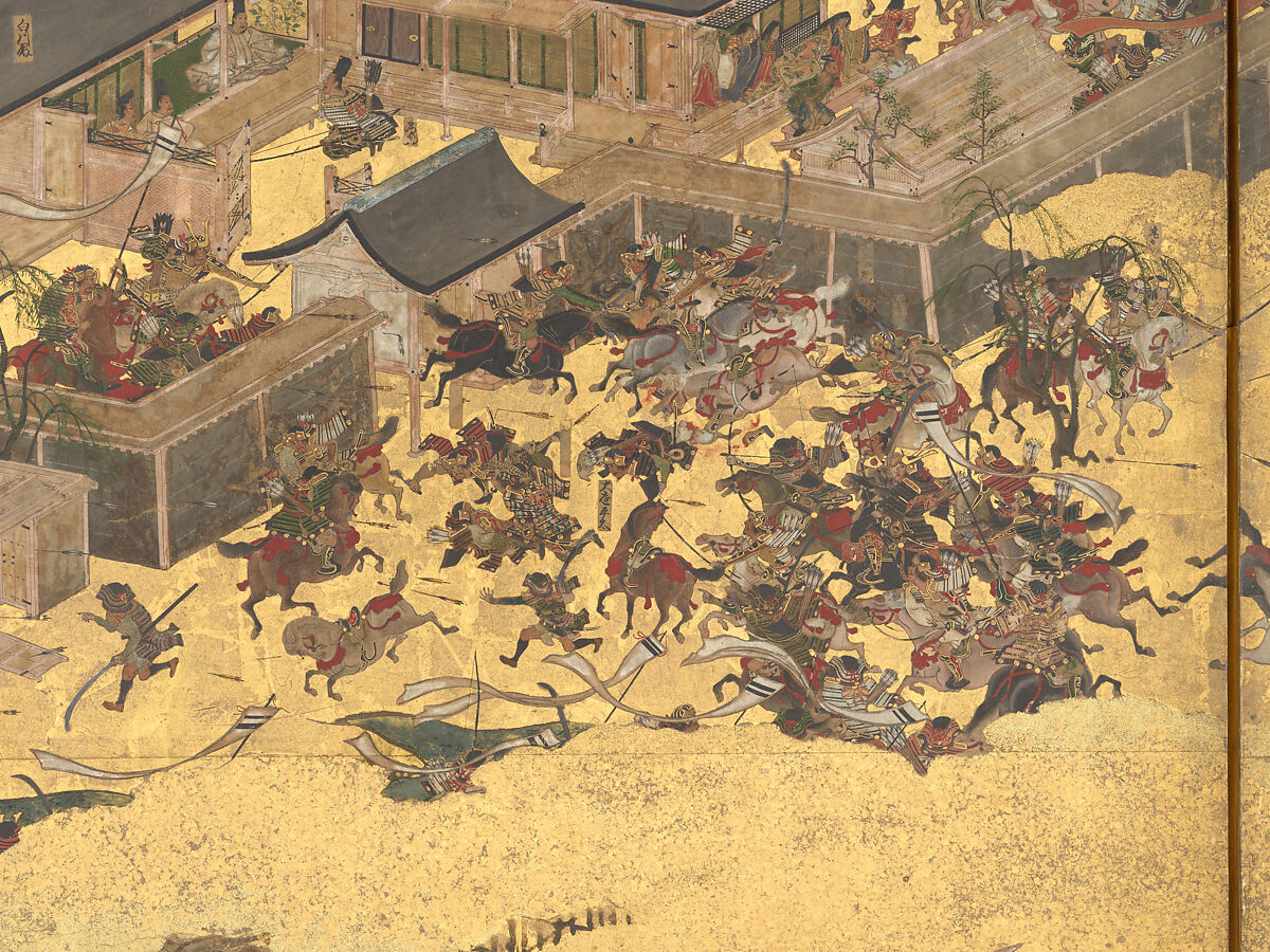 The Rebellions of the Hōgen and Heiji Eras, Pair of six-panel folding screens; ink, color, gold, and gold leaf on paper, Japan