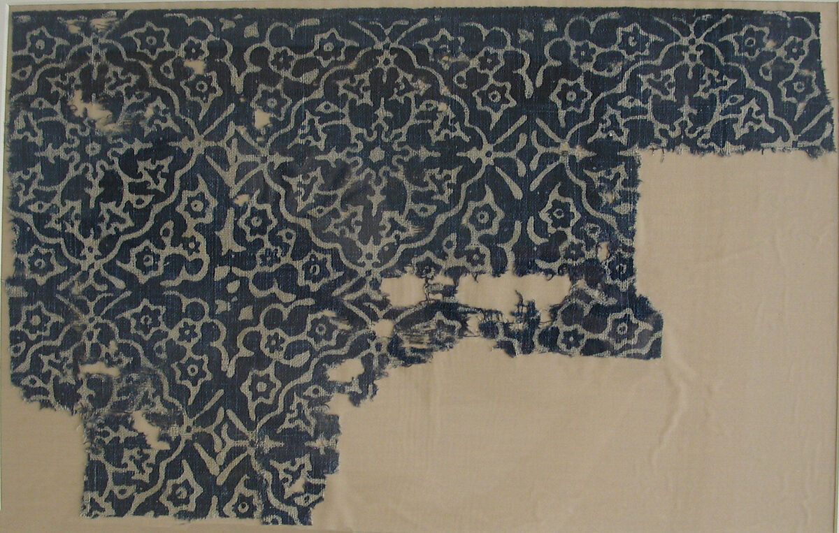Textile Fragment, Cotton, plain weave; block-printed, resist dyed.
