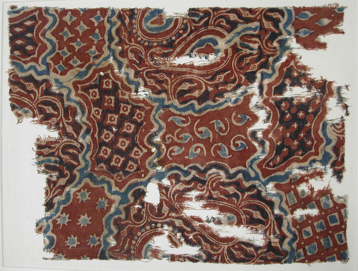 Fragment of Textile with a Forested Landscape, Cotton, plain weave; printed or painted, mordant and resist dyed