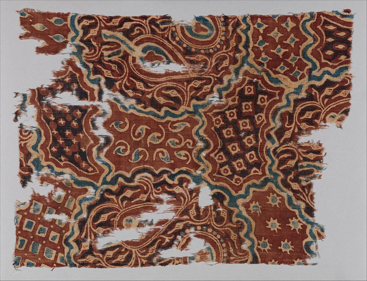 Fragment of Textile with a Forested Landscape, Cotton, plain weave; printed or painted, mordant and resist dyed