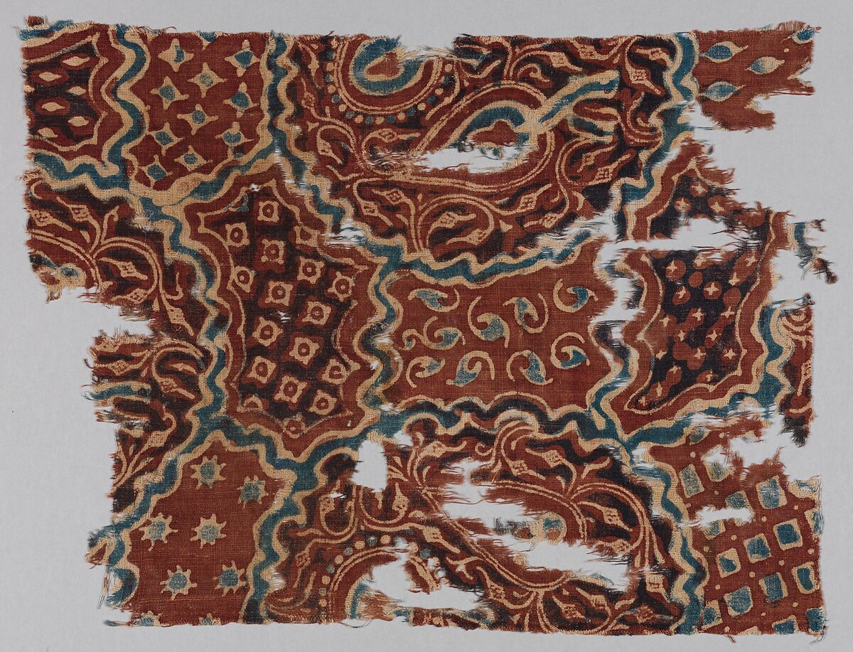 Fragment of Textile with a Forested Landscape, Cotton, plain weave; printed or painted, mordant and resist dyed