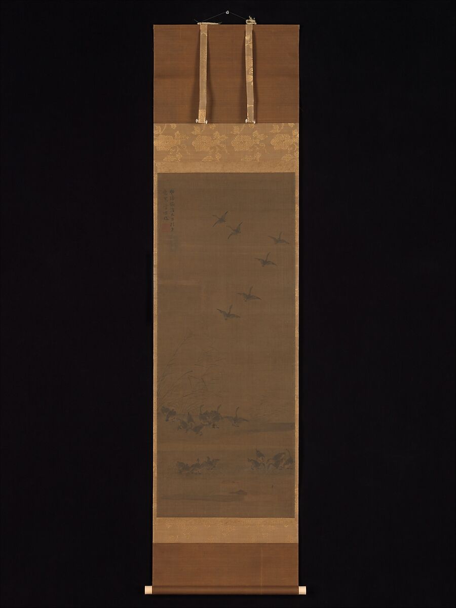 Reeds and Geese, Tesshū Tokusai (Japanese, died 1366), One of a pair of hanging scrolls; ink on silk, Japan
