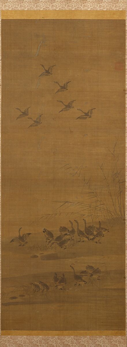 Reeds and Geese, Tesshū Tokusai (Japanese, died 1366), One of a pair of hanging scrolls; ink on silk, Japan 