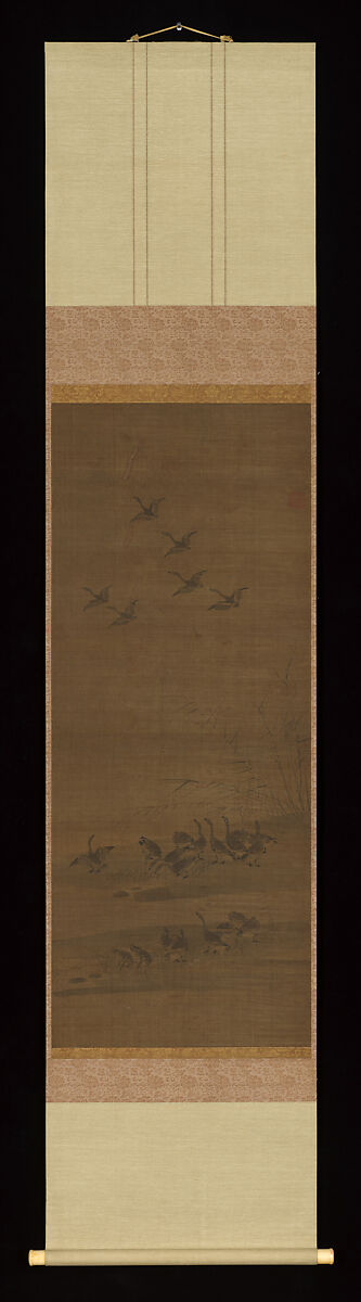 Reeds and Geese, Tesshū Tokusai (Japanese, died 1366), One of a pair of hanging scrolls; ink on silk, Japan