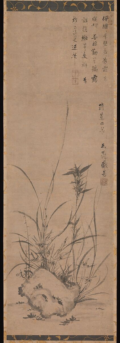Orchids and Rock, Gyokuen Bonpō (Japanese, ca. 1348–after 1420), Hanging scroll; ink on paper, Japan 