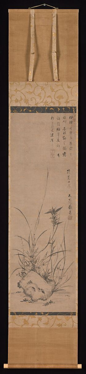 Orchids and Rock, Gyokuen Bonpō (Japanese, ca. 1348–after 1420), Hanging scroll; ink on paper, Japan