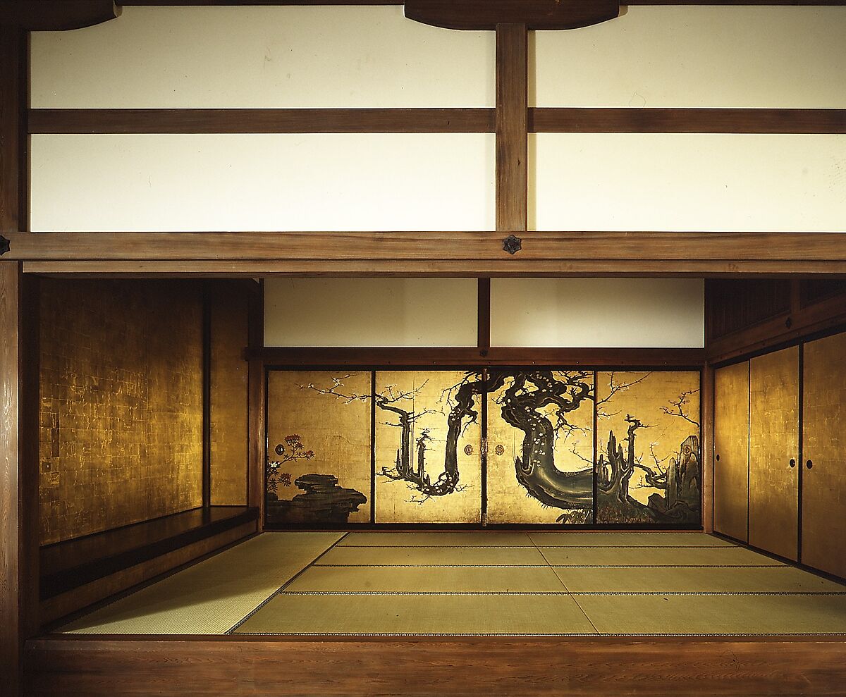 Old Plum, Kano Sansetsu (Japanese, 1590–1651), Four sliding-door panels (fusuma); ink, color, gold, and gold leaf on paper , Japan