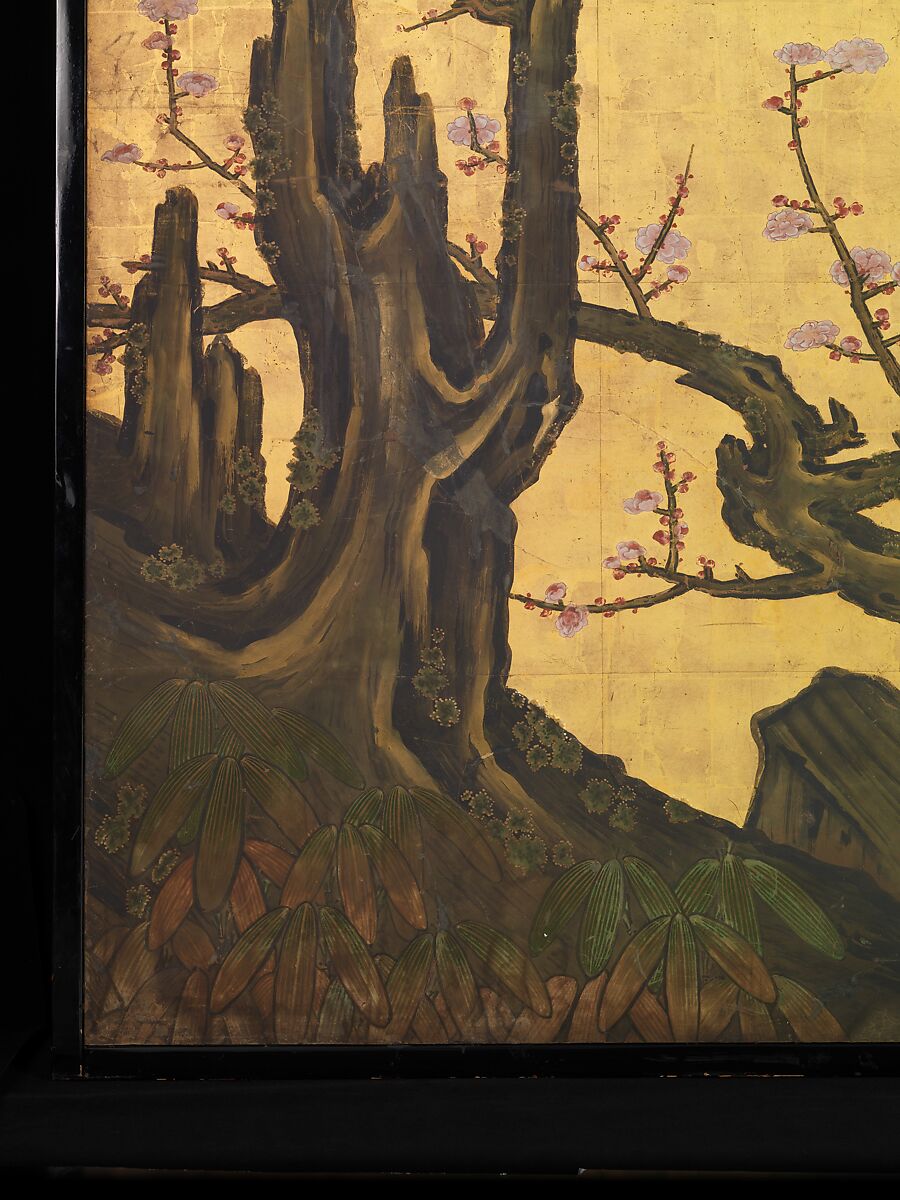 Old Plum, Kano Sansetsu (Japanese, 1590–1651), Four sliding-door panels (fusuma); ink, color, gold, and gold leaf on paper , Japan