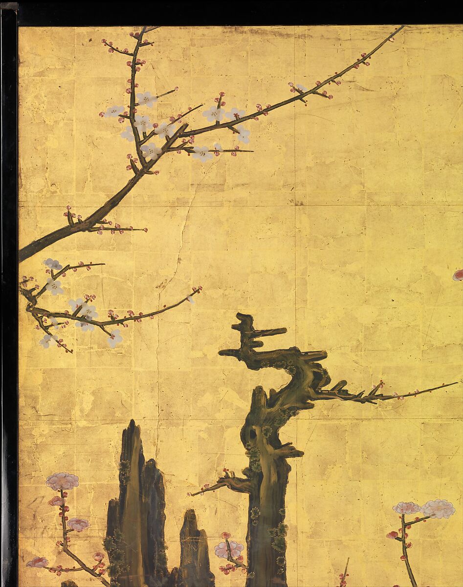 Old Plum, Kano Sansetsu (Japanese, 1590–1651), Four sliding-door panels (fusuma); ink, color, gold, and gold leaf on paper , Japan