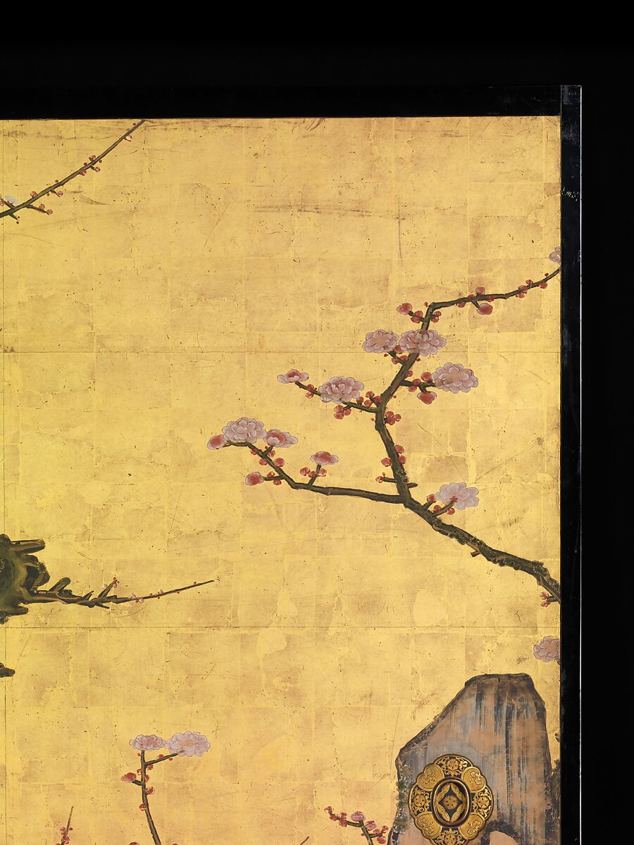 Old Plum, Kano Sansetsu (Japanese, 1590–1651), Four sliding-door panels (fusuma); ink, color, gold, and gold leaf on paper , Japan