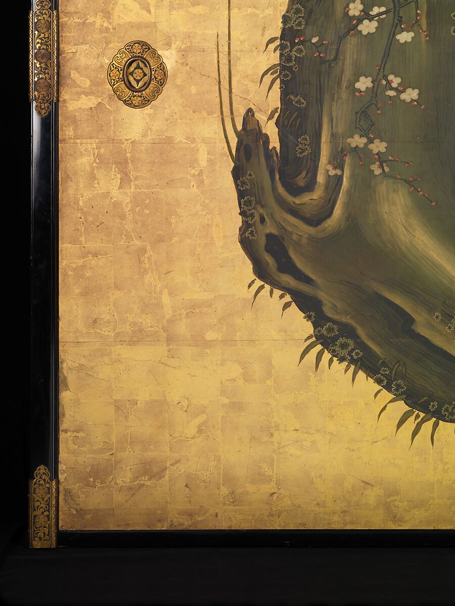 Old Plum, Kano Sansetsu (Japanese, 1590–1651), Four sliding-door panels (fusuma); ink, color, gold, and gold leaf on paper , Japan