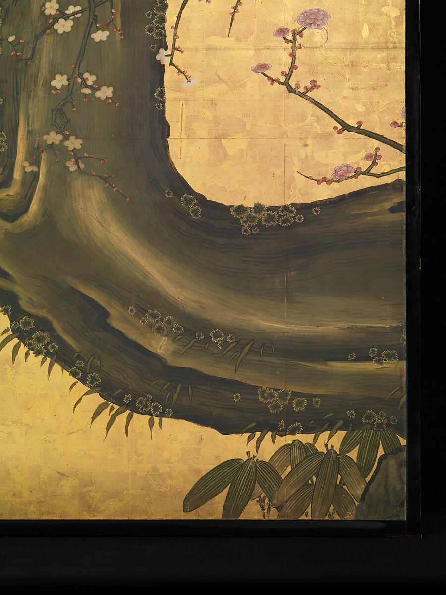 Old Plum, Kano Sansetsu (Japanese, 1590–1651), Four sliding-door panels (fusuma); ink, color, gold, and gold leaf on paper , Japan