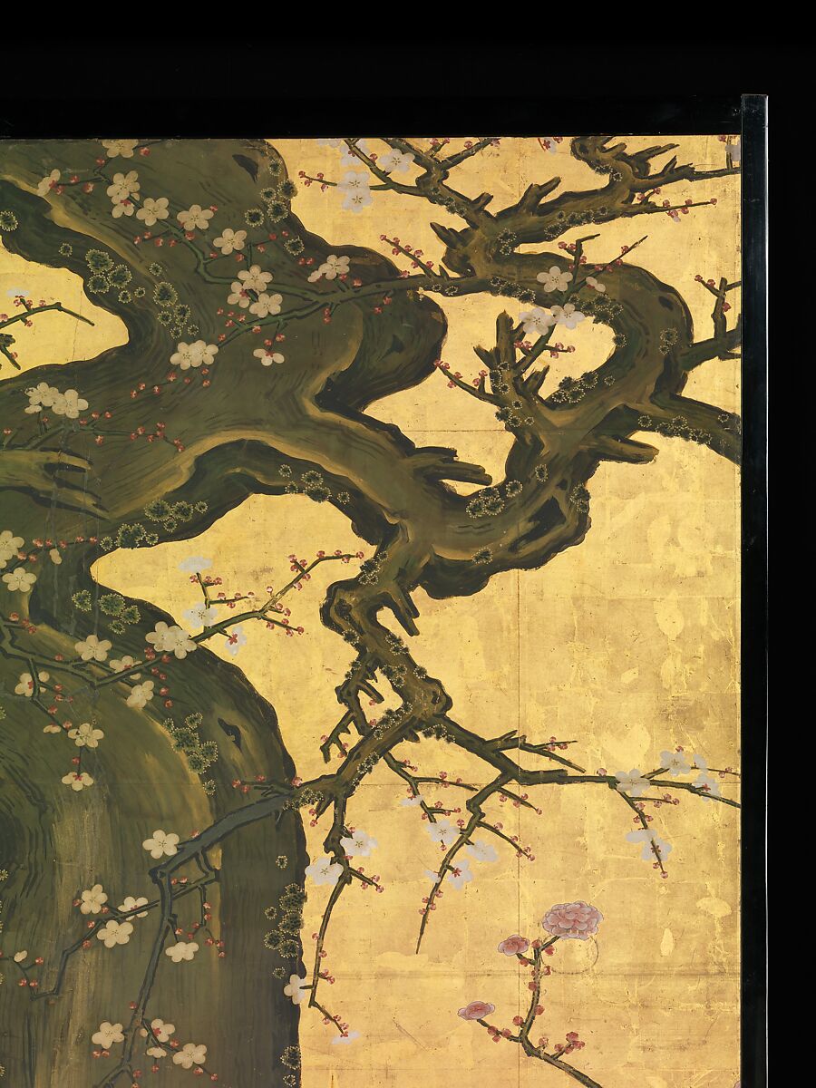 Old Plum, Kano Sansetsu (Japanese, 1590–1651), Four sliding-door panels (fusuma); ink, color, gold, and gold leaf on paper , Japan