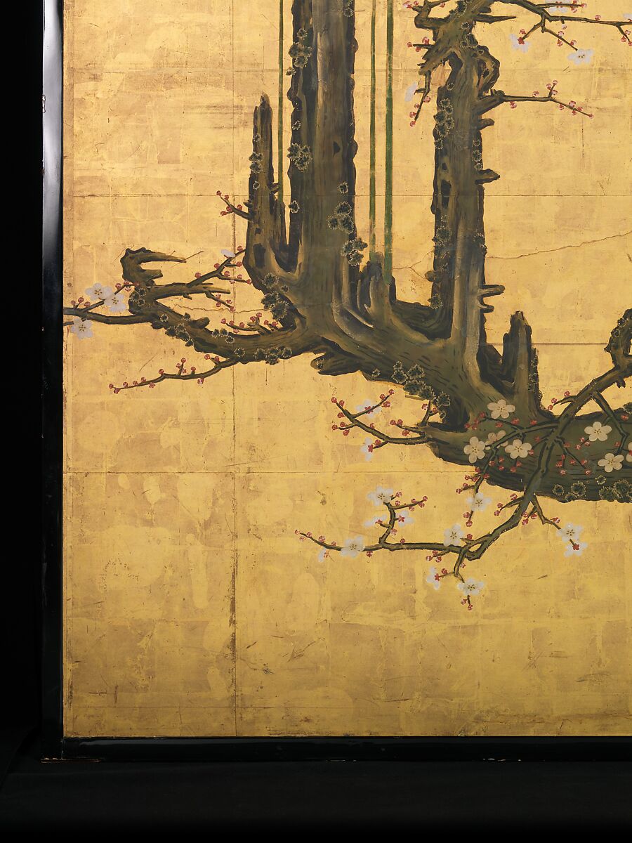 Old Plum, Kano Sansetsu (Japanese, 1590–1651), Four sliding-door panels (fusuma); ink, color, gold, and gold leaf on paper , Japan