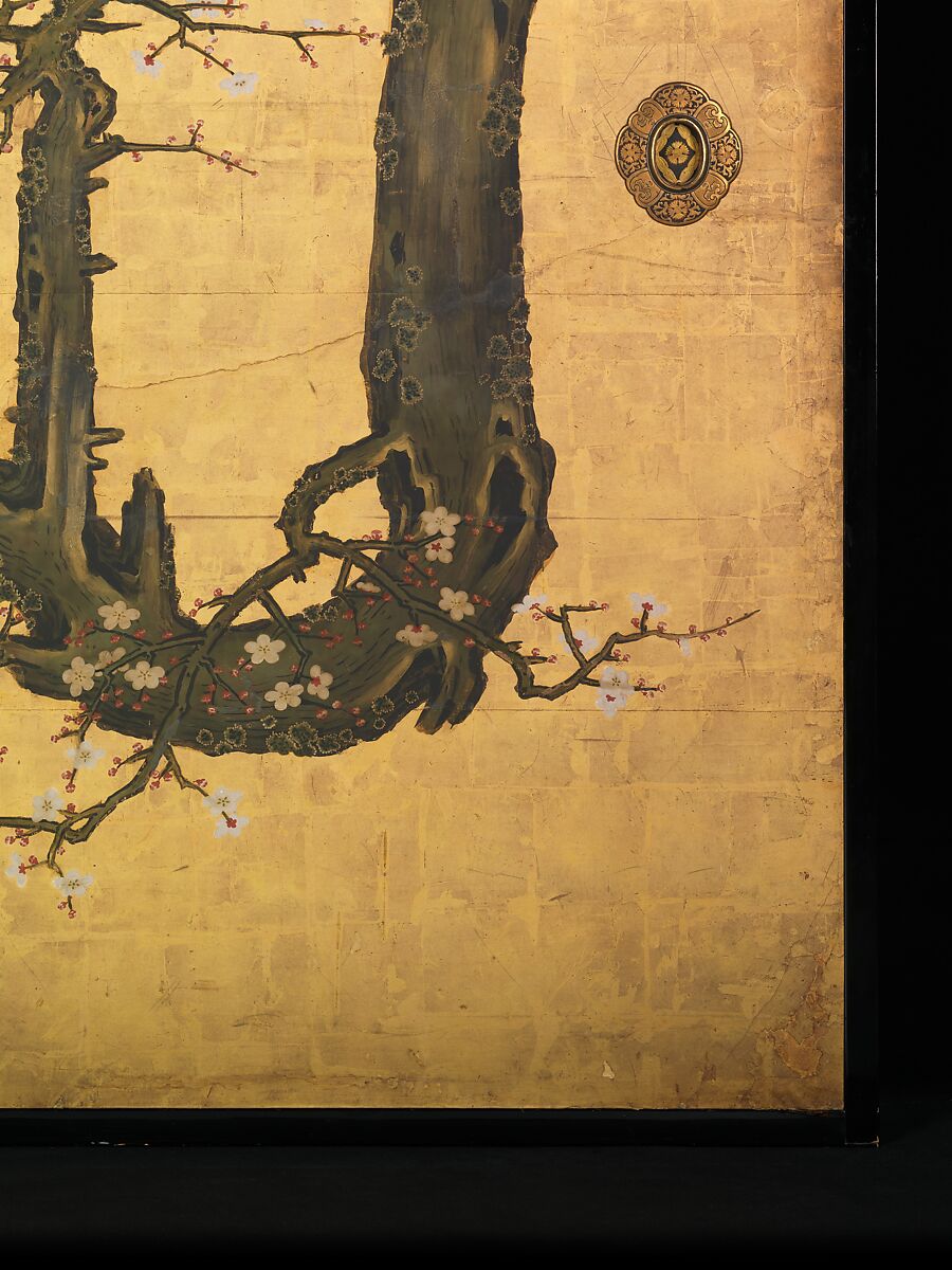 Old Plum, Kano Sansetsu (Japanese, 1590–1651), Four sliding-door panels (fusuma); ink, color, gold, and gold leaf on paper , Japan