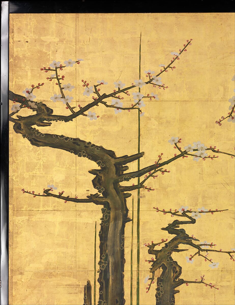 Old Plum, Kano Sansetsu (Japanese, 1590–1651), Four sliding-door panels (fusuma); ink, color, gold, and gold leaf on paper , Japan