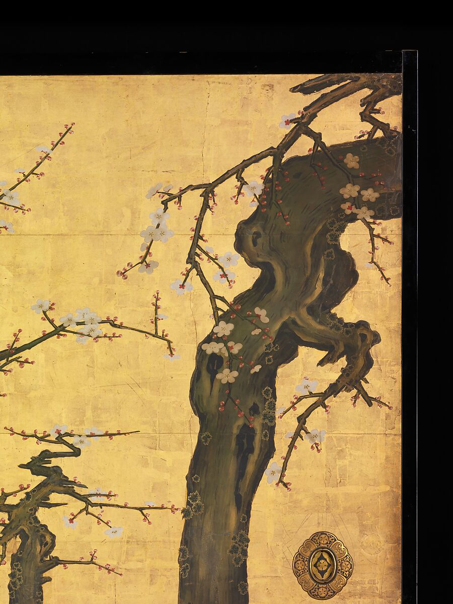 Old Plum, Kano Sansetsu (Japanese, 1590–1651), Four sliding-door panels (fusuma); ink, color, gold, and gold leaf on paper , Japan