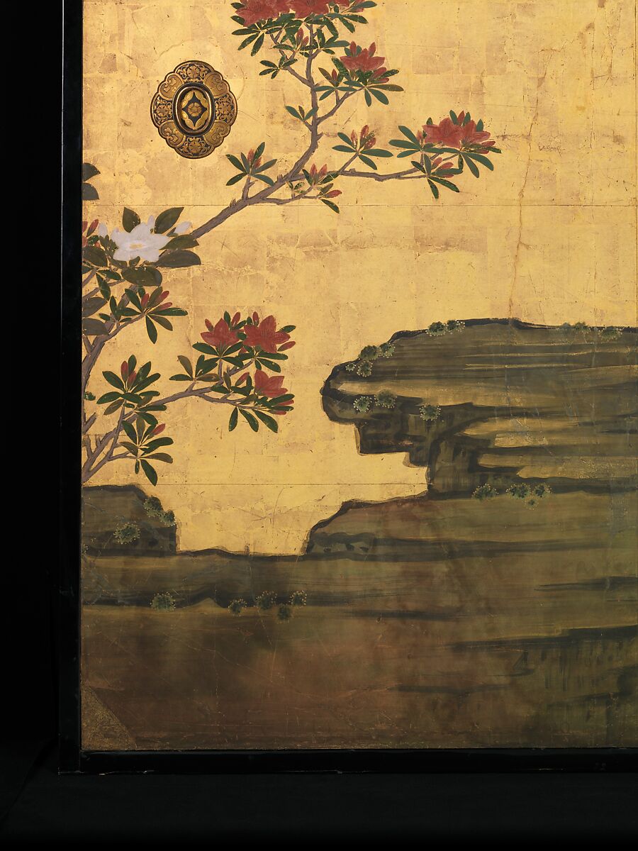 Old Plum, Kano Sansetsu (Japanese, 1590–1651), Four sliding-door panels (fusuma); ink, color, gold, and gold leaf on paper , Japan