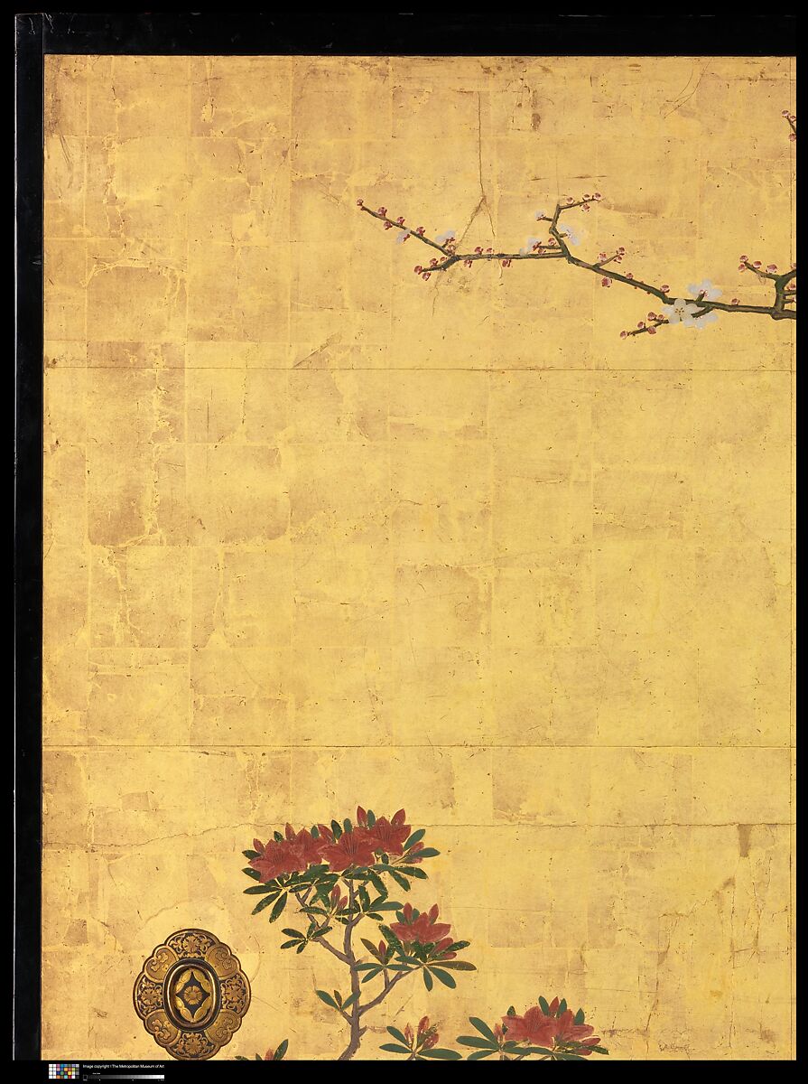 Old Plum, Kano Sansetsu (Japanese, 1590–1651), Four sliding-door panels (fusuma); ink, color, gold, and gold leaf on paper , Japan