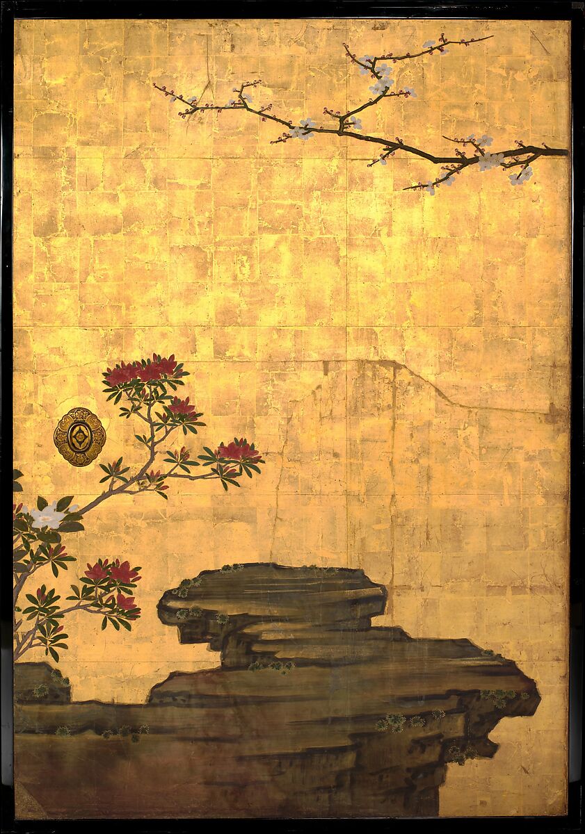 Old Plum, Kano Sansetsu (Japanese, 1590–1651), Four sliding-door panels (fusuma); ink, color, gold, and gold leaf on paper , Japan