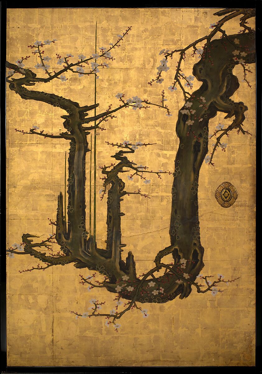 Old Plum, Kano Sansetsu (Japanese, 1590–1651), Four sliding-door panels (fusuma); ink, color, gold, and gold leaf on paper , Japan