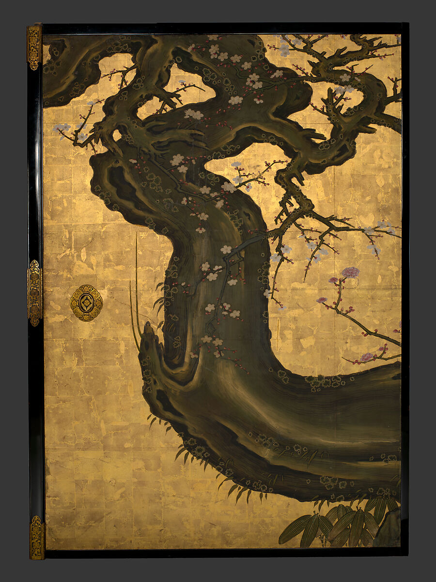 Old Plum, Kano Sansetsu (Japanese, 1590–1651), Four sliding-door panels (fusuma); ink, color, gold, and gold leaf on paper , Japan