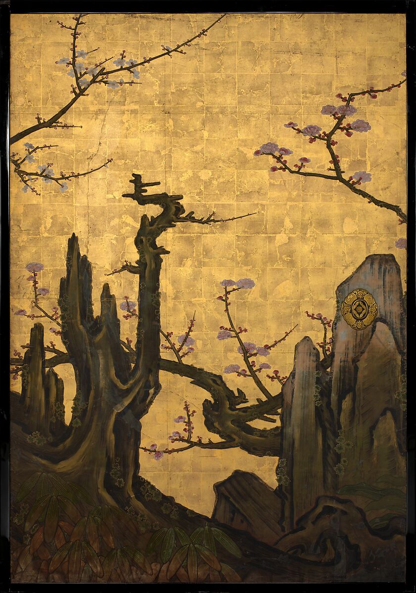Old Plum, Kano Sansetsu (Japanese, 1590–1651), Four sliding-door panels (fusuma); ink, color, gold, and gold leaf on paper , Japan
