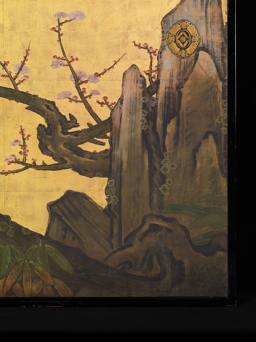 Old Plum, Kano Sansetsu (Japanese, 1590–1651), Four sliding-door panels (fusuma); ink, color, gold, and gold leaf on paper , Japan