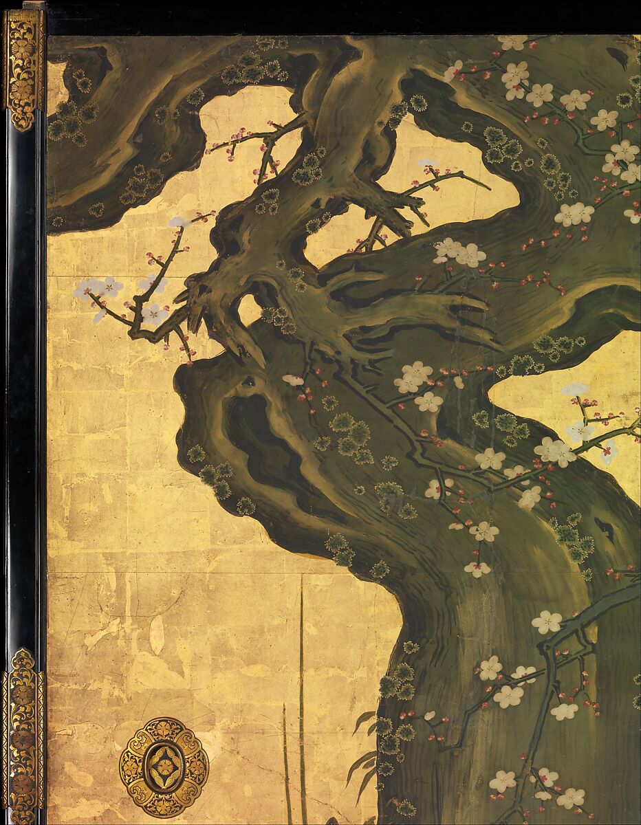 Old Plum, Kano Sansetsu (Japanese, 1590–1651), Four sliding-door panels (fusuma); ink, color, gold, and gold leaf on paper , Japan