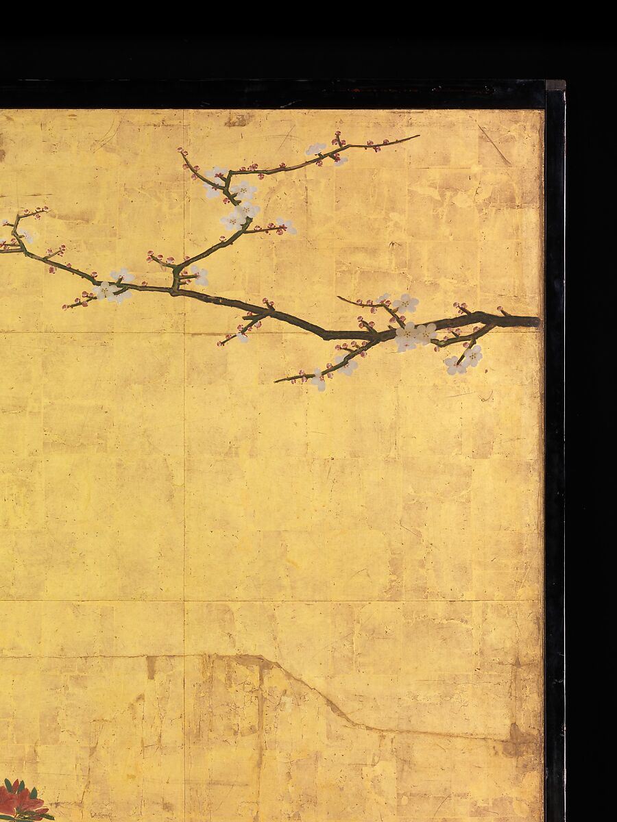 Old Plum, Kano Sansetsu (Japanese, 1590–1651), Four sliding-door panels (fusuma); ink, color, gold, and gold leaf on paper , Japan