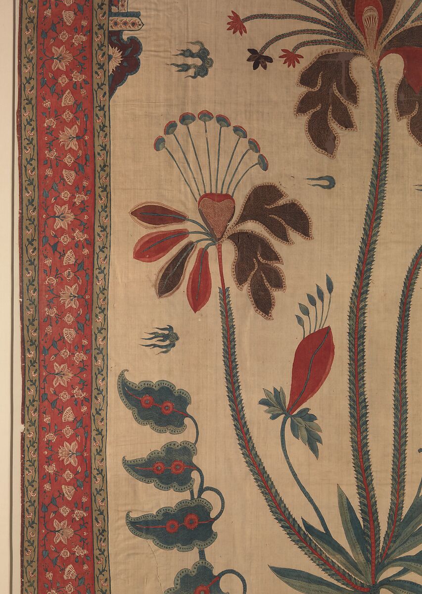 Panel from a Tent Lining (Qanat), Cotton; plain weave, mordant dyed and painted, resist-dyed