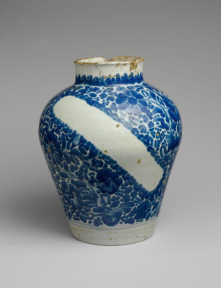 Apothecary Jar, Attributed to Damián Hernández (Mexican, active 1607–70), Tin-glazed earthenware, Mexican 