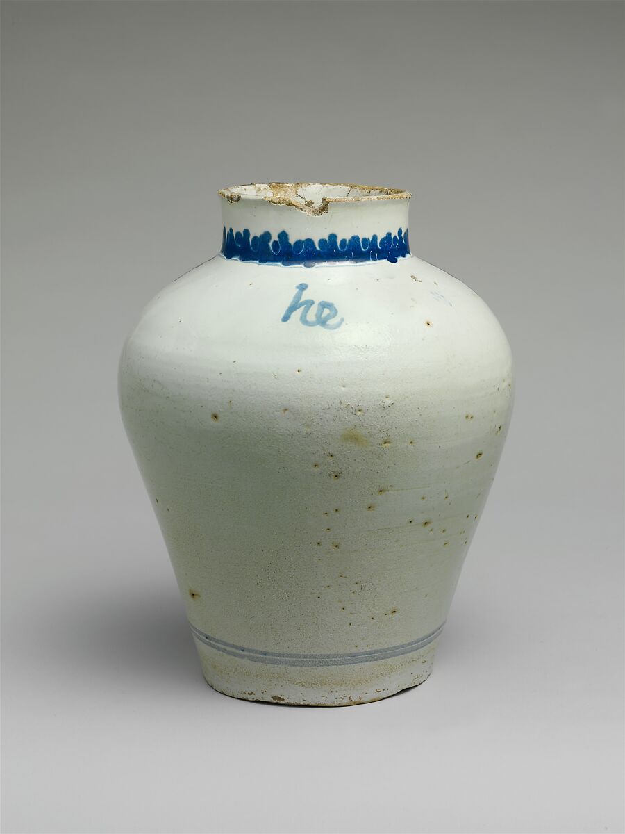 Apothecary Jar, Attributed to Damián Hernández (Mexican, active 1607–70), Tin-glazed earthenware, Mexican